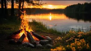 Thumbnail: Sunset Campfire Dreams 🔥🌙 | Relaxing Piano Jazz, Lakeside Atmosphere
