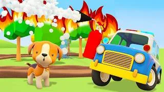 Thumbnail: An ambulance, a police car, and an excavator are putting out a forest fire.