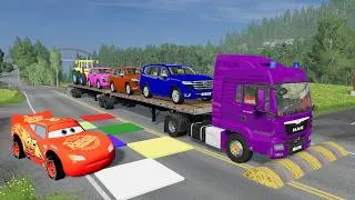 Thumbnail: Flatbed Truck vs Speedbumps vs Train - Extreme Car Transportation BeamNG.Drive
