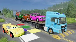 Thumbnail: Cars vs Speedbumps vs Train - Flatbed Truck Crash Challenge BeamNG.Drive