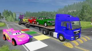 Thumbnail: Speedbumps vs Cars vs Train - Flatbed Truck Transportation Challenge BeamNG.Drive