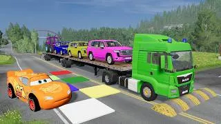 Thumbnail: Speedbumps vs Cars vs Train - Flatbed Truck McQueen Transportation- BeamNG.Drive