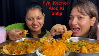 Thumbnail: Eating Spicy🔥 Pyaj Kachori With Aloo Ki Sabzi, Desi Ghee Jalebi | Indian Street Food Challenge