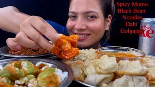 Thumbnail: Eating Spicy🔥  Black Bean Noodles, Momo, Dahi Golgappe | Momo Eating Mukbang |Indian Street Food