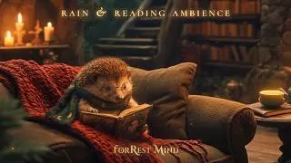 Thumbnail: ☔🦔 Bookworm Hedgehog 🌲 Rain • Cozy Ambience