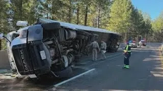 Thumbnail: Overturned semi-truck snarls traffic on westbound Interstate 80