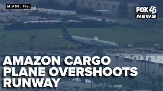 Thumbnail: Aerial view of Amazon cargo plane that overshot Miami runway