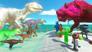Thumbnail: Green Indominus Rex Rescues Dinosaurs VS Cerberus & Rainbow Friends - Animal Revolt Battle Simulator