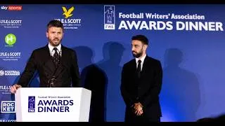 Thumbnail: Bruno Fernandes receives his Footballer of the Year award from Michael Carrick