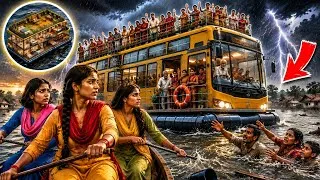 Thumbnail: 3 बहनों ने बनाया Gaint Floating Bus House 😱 | भयंकर बाढ़ में बचाया पूरा गांव 🌊 | Gaint Duniya 