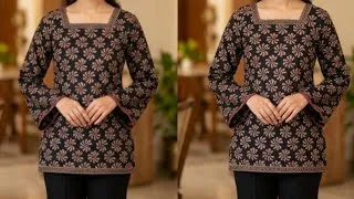 Thumbnail: Trendy short kurti cutting and stitching | square neck bell sleeves short kurti cutting & stitching