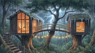 Thumbnail: A Japanese Twin Treehouse Bridge in Heavy Rain | Genmaicha & Mushroom Nabe | Ghibli Style ASMR