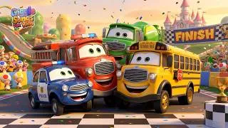 Thumbnail: Rainbow Car Race Song! 🚗🌈 Police Car vs Fire Truck vs School Bus Mixer Truck