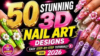 Thumbnail: Top 50 Stunning 3D Nail Art Designs For 2026 💅 | Easy Step-by-Step Tutorials