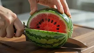 Thumbnail: 🍉 Satisfying ASMR watermelon cutting with crisp knife sounds. Relax & enjoy! #ASMR #ytshorts #shorts