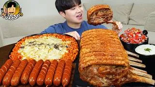 Thumbnail: ASMR MUKBANG 직접 만든 대왕 소세지 까르보 불닭볶음면 핫도그 통삼겹 먹방 & 레시피 FIRE NOODLES AND SAUSAGE EATING SOUND!
