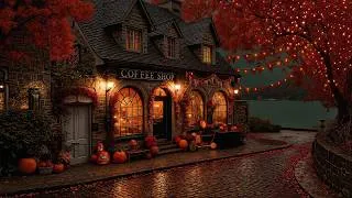 Thumbnail: Pumpkin Lights Glow Outside a Lakeside Cafe Under Crimson Trees | Dark Academia Autumn Piano