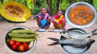Thumbnail: 80years old grandma cooking FISH PUMPKIN curry || old tribe people lifestyle || cooking and eating 