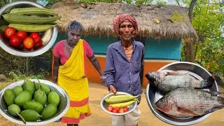 Thumbnail: 80years old grandma cooking FISH with MANGO curry || traditional lifestyle || cooking and eating 