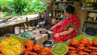 Thumbnail: Village cooking Banana flowers Fritters recipe | Mustard Papad fry & Authentic chutney recipe 