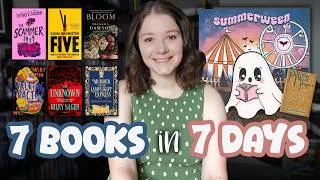 Thumbnail: Can I read 7 books in 7 days?! 📚👀 SUMMERWEEN READING VLOG 👻