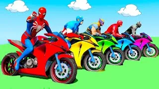 Thumbnail: الأبطال الخارقين على القضبان دوامة قمع جسر 🕷️🏍️ RAINBOW SPIDER MAN! on Motorcycle in Spiral Bridge