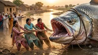 Thumbnail: 100 FT Giant River Fish Caught! 😱 | 4 Sisters Cook World's Biggest Fish Curry 🐟 | 