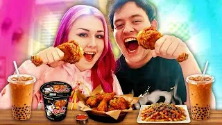 Thumbnail: COUPLES MUKBANG w/ Mini Games! EATING Buldak & Fried Chicken! 🍗 