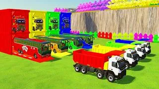 Thumbnail: TRANSPORTING ALL COLORFUL VANHOOL AUTOBUS, VOLVO DUMP TRUCK WITH MERCEDES FLATBED TRAILER TRUCK