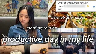 Thumbnail: productive day in my life | I got a NEW JOB as a nurse💉| Morning routine | physical | shopping