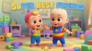 Thumbnail:  Cartoon 1️⃣ Super Best Friends ✨.  Happy kids 