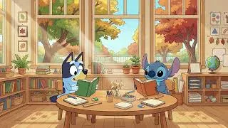 Thumbnail: Bluey & Stitch Sunny Classroom Study 📚 Autumn Lofi Beats for Study & Work 🍁 Warm Learning Retreat