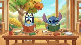 Thumbnail: Bluey & Stitch Autumn Study Morning 📚 Warm Lofi Beats for Classroom & Work 🍂 Cozy Learning Escape