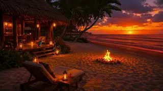 Thumbnail: NO ADS🔥Beach Campfire & Ocean Waves 🌊 | Stunning Tropical Sunset Ambience | SLEEP INSTANTLY TONIGHT