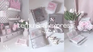 Thumbnail: HUGE Temu / Aliexpress HAUL! desk essentials, cute accessories, stationary, coquette aesthetic, asmr