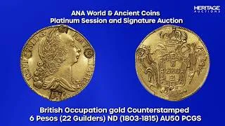 Thumbnail: British Occupation gold Counterstamped 6 Pesos (22 Guilders) ND (1803-1815) AU50 PCGS,