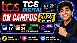 Thumbnail: 🔥TCS Digital | On Campus 2026 Batch | DOJ -17 Sept | OL: 24 Feb | Training: Trivandrum | Work: Delhi