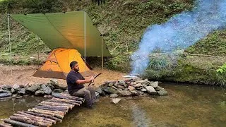 Thumbnail: Solo CAMPING in Rain Forest; Bushcraft Primitive Bridge & Tent Shelter. Fish Cooking