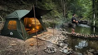 Thumbnail: Solo Survival on Wild Forest Camping; Catch and Cook - Fishing. Bushcraft, Tent Shelter