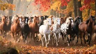 Thumbnail: Colorful horses are striding through a forest of red maple leaves-horse neighing sounds-horse videos