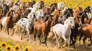 Thumbnail: Horses are strolling in a garden of yellow sunflowers - horse neighing sound - horse video