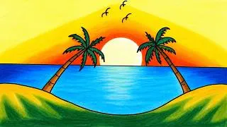 Thumbnail: Easy Scenery Drawing | How To Draw Beach at Sunset Scenery For Beginners _ Oil Pastel Drawing