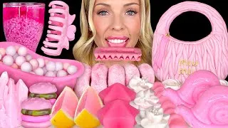 Thumbnail: ASMR MUKBANG, Pink Desserts, Edible Miu Miu Purse, Claw Clip, Grapefruit Soda, Candy Jelly Slice 먹방
