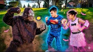 Thumbnail: Heidi and Zidane Pretend Play Superhero vs Funny Bigfoot Monster! 🦸‍♂️👹