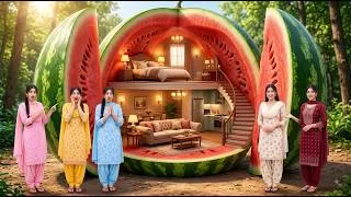 Thumbnail: They Built a GIANT WATERMELON HOUSE! 🍉😱 | Giant House Story #watermelon #villagelife