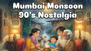 Thumbnail: 90's Mumbai Monsoon Rainy Morning ☕ Cozy Family Upma & Chai | Ghibli ASMR"🌧️⛈️🫖☕