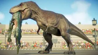 Thumbnail: TYRANNOSAURUS REX VS ALL LARGE AND MEDIUM DINOSAURS IN THE PADDOCK - JURASSIC WORLD EVOLUTION 2