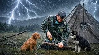 Thumbnail: The Most Insane Thunderstorm Camping with 2 Puppies! Hot Tent Camping in Heavy Rain & Lightning