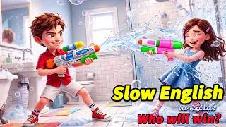 Thumbnail: Who Will Win the Water Gun Fight? 💦😆| Easy English Listening Story for Beginners (A2 Level)