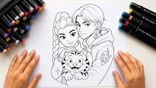 Thumbnail: Satisfying Coloring with Markers | Kpop demon hunters Rumi & Jinu Coloring Page 🎨🌸